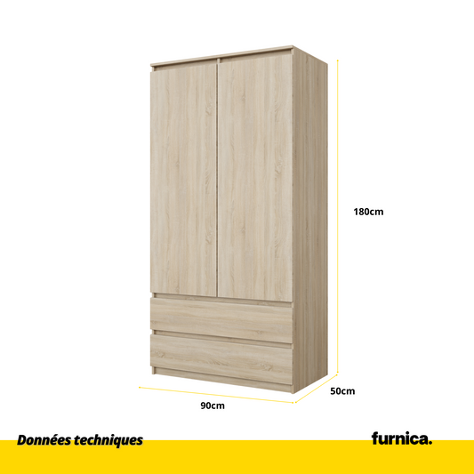 JOELLE - Armoire 2 Portes avec 2 Tiroirs - Chêne Sonoma H180cm L90cm P50cm