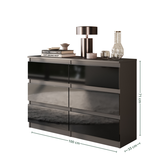 GABRIEL - Commode 6 Tiroirs - Buffet de Chevet - H71 cm L100 cm P33 cm (Anthracite / Noir Brillant)