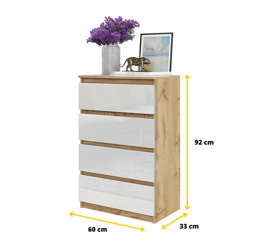 GABRIEL - Commode 4 Tiroirs - Table de Chevet Buffet - H92cm L60cm P33cm (Chêne Wotan / Blanc Brillant)