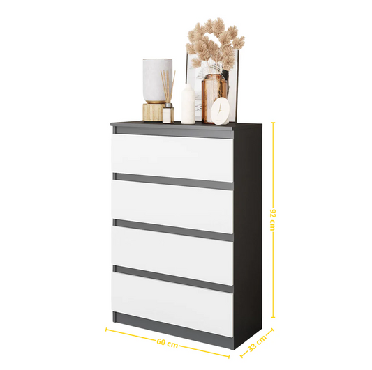 GABRIEL - Commode 4 Tiroirs - Table de Chevet Buffet - H92cm L60cm P33cm (Anthracite / Blanc Matt)