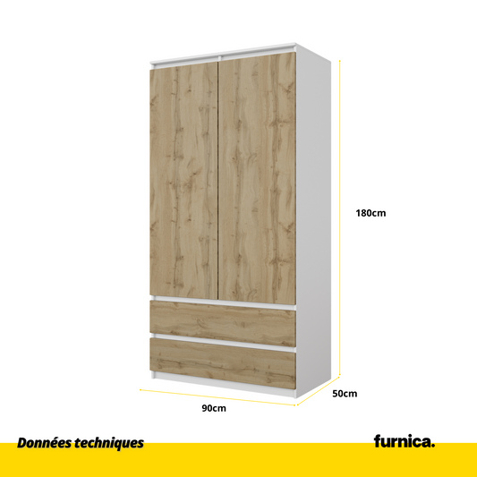 JOELLE - Armoire 2 Portes avec 2 Tiroirs - Blanc Matt / Chêne Wotan H180cm L90cm P50cm