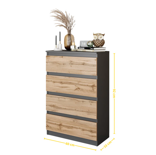 GABRIEL - Commode 4 Tiroirs - Table de Chevet Buffet - H92cm L60cm P33cm (Anthracite / Chêne Wotan)