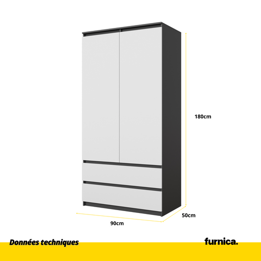JOELLE - Armoire 2 Portes avec 2 Tiroirs - Anthracite / Blanc Matt H180cm L90cm P50cm