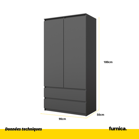 JOELLE - Armoire 2 Portes avec 2 Tiroirs - Anthracite H180cm L90cm P50cm