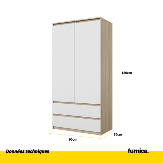 JOELLE - Armoire 2 Portes avec 2 Tiroirs - Chêne Sonoma / Blanc Matt H180cm L90cm P50cm