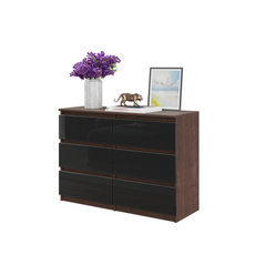 GABRIEL - Commode 6 Tiroirs - Buffet de Chevet - H71 cm L100 cm P33 cm (Wengé / Noir Brillant)