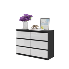 GABRIEL - Commode 6 Tiroirs - Buffet de Chevet - H71 cm L100 cm P33 cm (Noir Matt / Blanc Brillant)