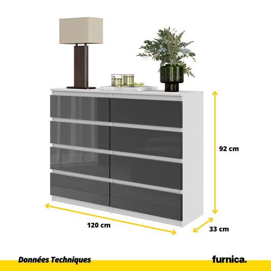 GABRIEL - Commode 8 Tiroirs - Buffet de Chevet - H92 cm L120 cm P33 cm (Blanc / Anthracite Brillant)