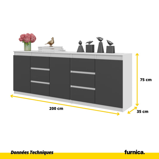 MIKEL - Commode 6 Tiroirs et 3 Portes - Armoire de Rangement pour Couloir / Chambre à Coucher - Buffet - Blanc Matt / Anthracite H75cm L200cm P35cm