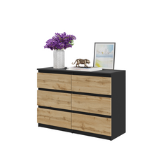 GABRIEL - Commode 6 Tiroirs - Buffet de Chevet - H71 cm L100 cm P33 cm (Noir Matt / Chêne Wotan)
