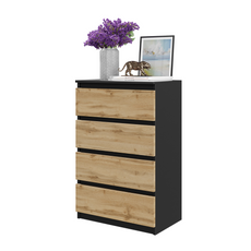 GABRIEL - Commode 4 Tiroirs - Table de Chevet Buffet - H92cm L60cm P33cm (Noir Matt / Chêne Wotan)