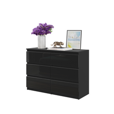 GABRIEL - Commode 6 Tiroirs - Buffet de Chevet - H71 cm L100 cm P33 cm (Noir Matt / Noir Brillant)