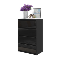GABRIEL - Commode 4 Tiroirs - Table de Chevet Buffet - H92cm L60cm P33cm (Noir Matt / Noir Brillant)