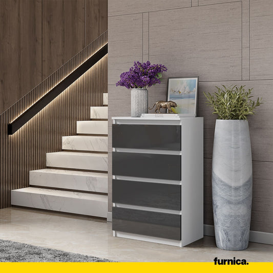 GABRIEL - Commode 4 Tiroirs - Table de Chevet Buffet - H92cm L60cm P33cm (Blanc / Anthracite Brillant)