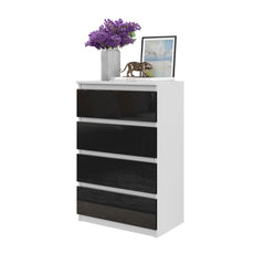 GABRIEL - Commode 4 Tiroirs - Table de Chevet Buffet - H92cm L60cm P33cm (Blanc / Noir Brillant)