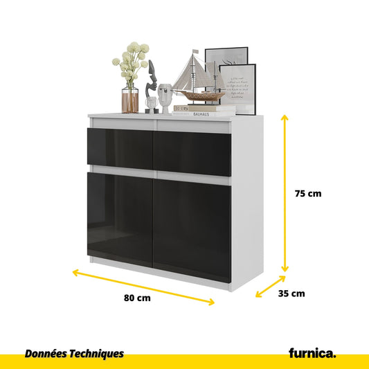 NOAH - Commode 2 Tiroirs et 2 Portes - Meuble de Rangement pour Couloir/Chambre - Buffet - H75cm L80cm P35cm (Blanc/Noir Brillant)