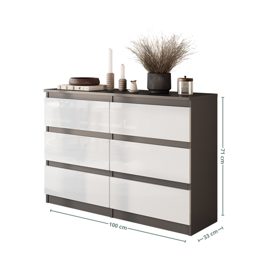 GABRIEL - Commode 6 Tiroirs - Buffet de Chevet - H71 cm L100 cm P33 cm (Anthracite / Blanc Brillant)