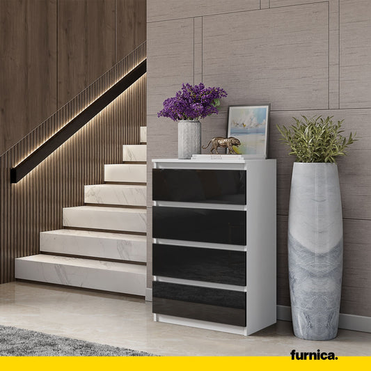 GABRIEL - Commode 4 Tiroirs - Table de Chevet Buffet - H92cm L60cm P33cm (Blanc / Noir Brillant)