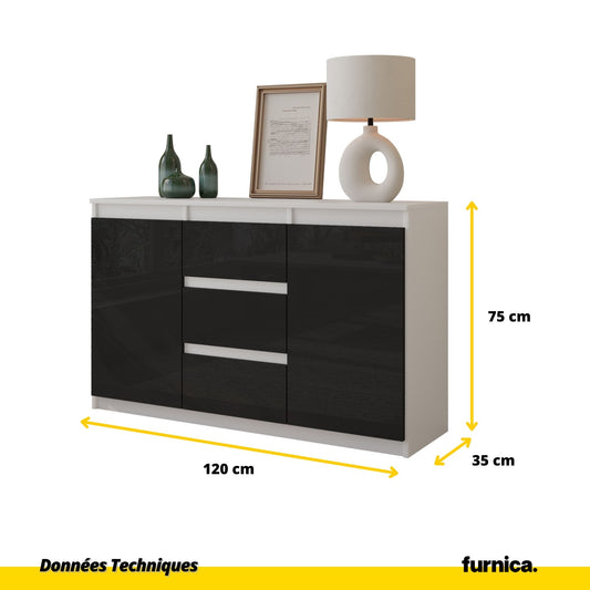 MIKEL - Commode 3 Tiroirs et 2 Portes - Armoire de Rangement pour Couloir/Chambre à Coucher - Buffet - H75cm L120cm P35cm (Blanc/Noir Brillant)
