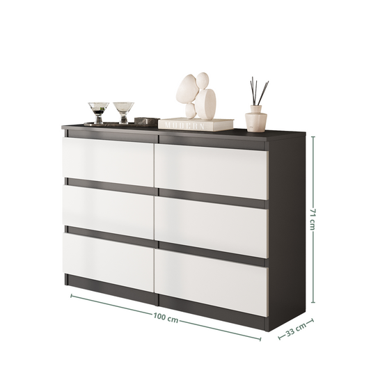 GABRIEL - Commode 6 Tiroirs - Buffet de Chevet - H71 cm L100 cm P33 cm (Anthracite / Blanc Matt)