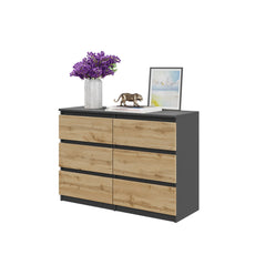 GABRIEL - Commode 6 Tiroirs - Buffet de Chevet - H71 cm L100 cm P33 cm (Anthracite / Chêne Wotan)