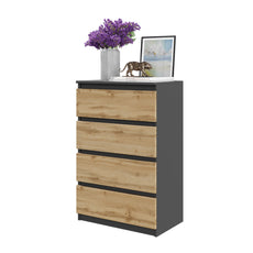 GABRIEL - Commode 4 Tiroirs - Table de Chevet Buffet - H92cm L60cm P33cm (Anthracite / Chêne Wotan)