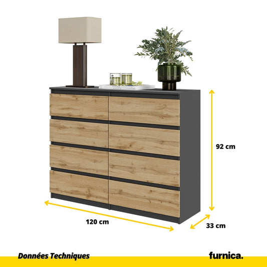 GABRIEL - Commode 8 Tiroirs - Buffet de Chevet - H92 cm L120 cm P33 cm (Anthracite / Chêne Wotan)
