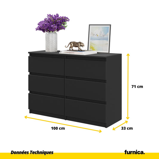 GABRIEL - Commode 6 Tiroirs - Buffet de Chevet - H71 cm L100 cm P33 cm (Noir)