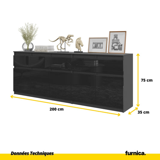 NOAH - Commode 5 Tiroirs et 5 Portes - Armoire de Rangement pour Couloir / Chambre à Coucher - Buffet - Anthracite / Noir Brillant H75cm L200cm P35cm