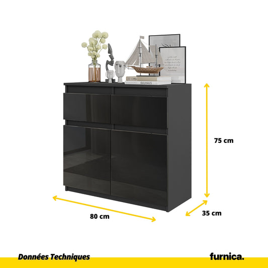 NOAH - Commode 2 Tiroirs et 2 Portes - Meuble de Rangement pour Couloir / Chambre - Buffet - H75cm L80cm P35cm (Anthracite / Noir Brillant)