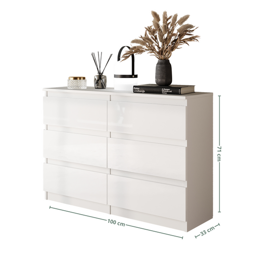 GABRIEL - Commode 6 Tiroirs - Buffet de Chevet - H71 cm L100 cm P33 cm (Blanc Matt / Blanc Brillant)
