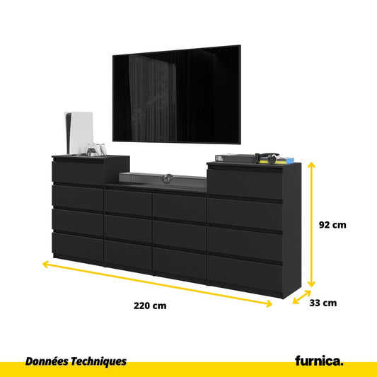 GABRIEL - Commode 14 Tiroirs (4+6+4) - H92cm L220cm P33cm (Noir)