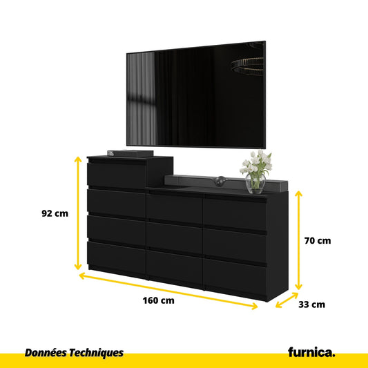 GABRIEL - Commode 10 Tiroirs (6+4) - H92/70 cm L160 cm P33 cm (Noir)