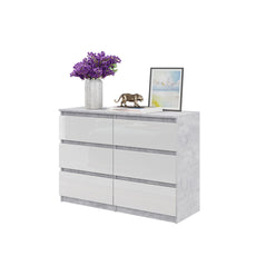 GABRIEL - Commode 6 Tiroirs - Buffet de Chevet - H71 cm L100 cm P33 cm (Béton / Blanc Brillant)