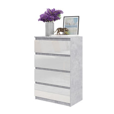 GABRIEL - Commode 4 Tiroirs - Table de Chevet Buffet - H92cm L60cm P33cm (Béton / Blanc Brillant)