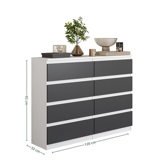 GABRIEL - Commode 8 Tiroirs - Buffet de Chevet - H92 cm L120 cm P33 cm (Blanc Matt / Anthracite)