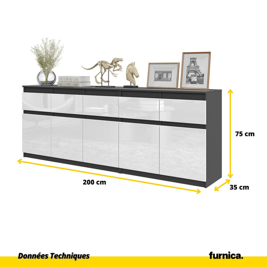 NOAH - Commode 5 Tiroirs et 5 Portes - Armoire de Rangement pour Couloir / Chambre à Coucher - Buffet - Anthracite / Blanc Brillant H75cm L200cm P35cm