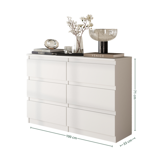 GABRIEL - Commode 6 Tiroirs - Buffet de Chevet - H71 cm L100 cm P33 cm (Blanc)