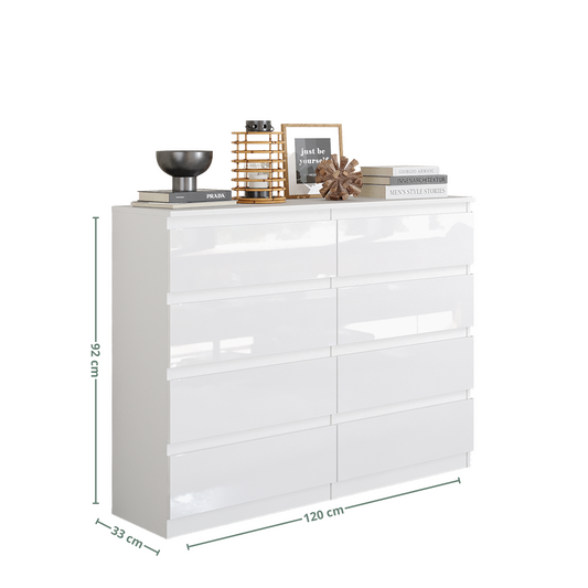 GABRIEL - Commode 8 Tiroirs - Buffet de Chevet - H92 cm L120 cm P33 cm (Blanc Brillant)