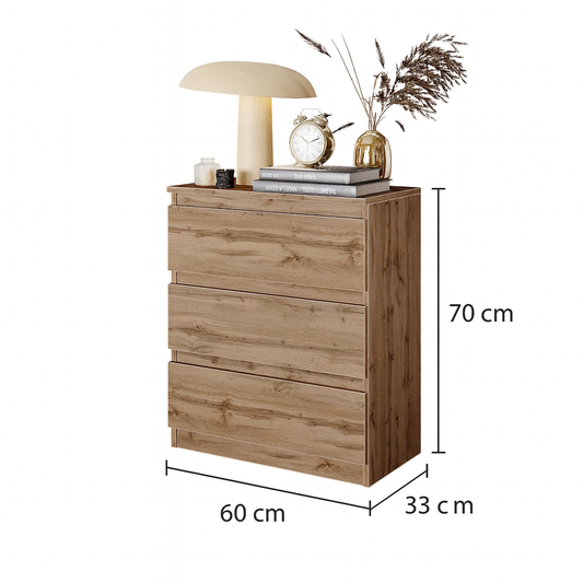 GABRIEL - Commode / Table de Chevet - 3 Tiroirs – Chêne Wotan – H72cm L60cm P33cm