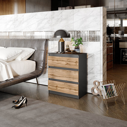 GABRIEL - Commode / Table de Chevet - 3 Tiroirs – Anthracite / Chêne Wotan – H72cm L60cm P33cm