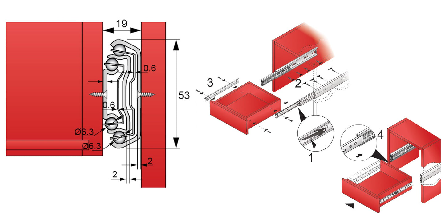 Coulisses à billes - Rainure 53mm (gauche et droite), H53
