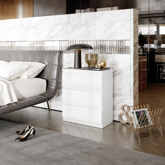 GABRIEL - Commode / Table de Chevet - 3 Tiroirs – Blanc Mat – H72cm L60cm P33cm