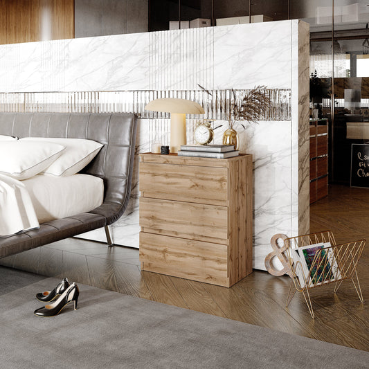 GABRIEL - Commode / Table de Chevet - 3 Tiroirs – Chêne Wotan – H72cm L60cm P33cm