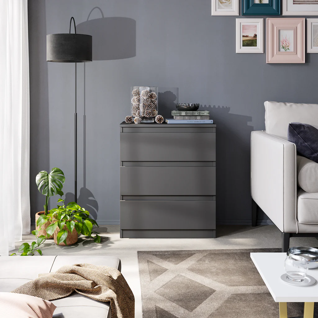 GABRIEL - Commode / Table de Chevet - 3 Tiroirs – Anthracite – H72cm L60cm P33cm