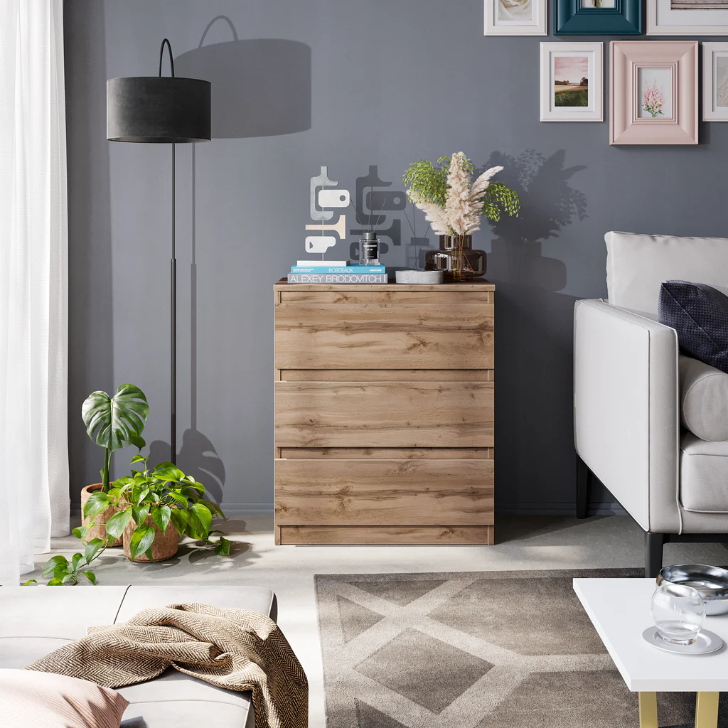 GABRIEL - Commode / Table de Chevet - 3 Tiroirs – Chêne Wotan – H72cm L60cm P33cm