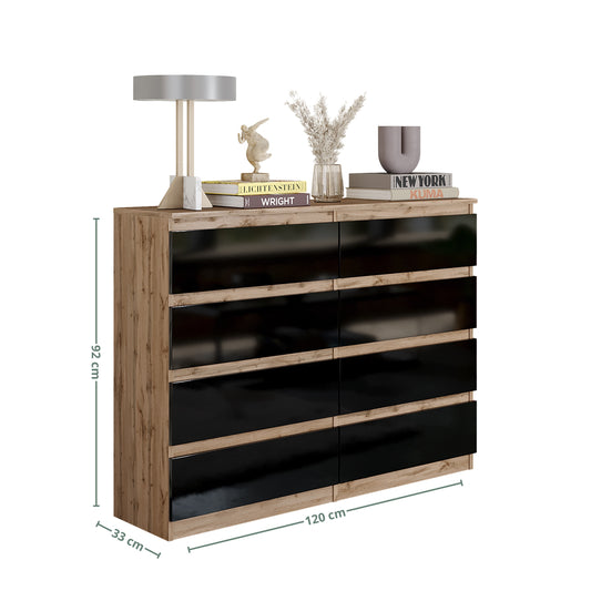 GABRIEL - Commode 8 Tiroirs - Buffet de Chevet - H92 cm L120 cm P33 cm (Chêne Wotan / Noir Brillant)