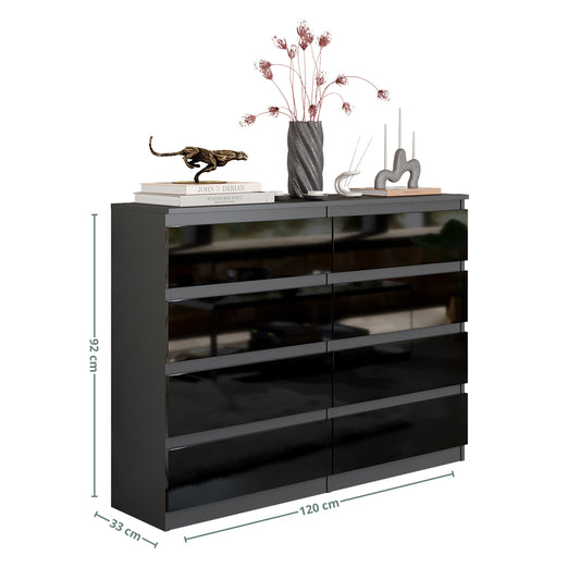 GABRIEL - Commode 8 Tiroirs - Buffet de Chevet - H92 cm L120 cm P33 cm (Anthracite / Noir Brillant)
