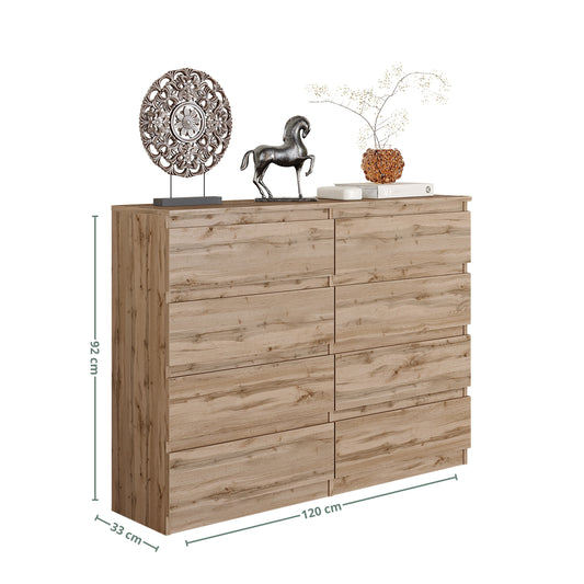 GABRIEL - Commode 8 Tiroirs - Buffet de Chevet - H92 cm L120 cm P33 cm (Chêne Wotan)