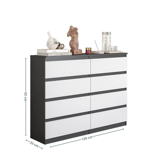 GABRIEL - Commode 8 Tiroirs - Buffet de Chevet - H92 cm L120 cm P33 cm (Anthracite / Blanc Matt)